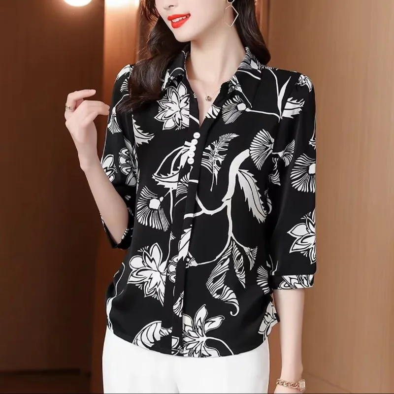 Spring Summer Women\'s Chiffon Pullover Geometric Turn-down Collar Button Printing Contrast Color T-shirt Clothing Trendy Tops