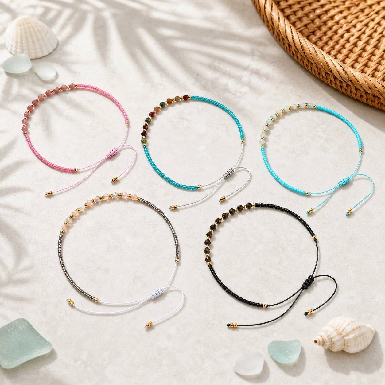 5pcs Multicolor Natural Stone Round Beaded Adjustable Tie Bracelet with Copper Beads Boho Layering for Women Beach Style