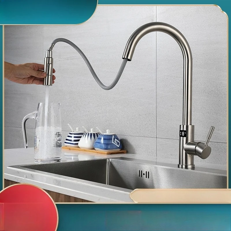 المطبخ المصقول الفولاذ المقاوم للصدأ الساخن والبارد الدورية سحب التدريجي ذكي مع شاشة ديجيتال الخضار حوض بالوعة بالوعة الحنفية