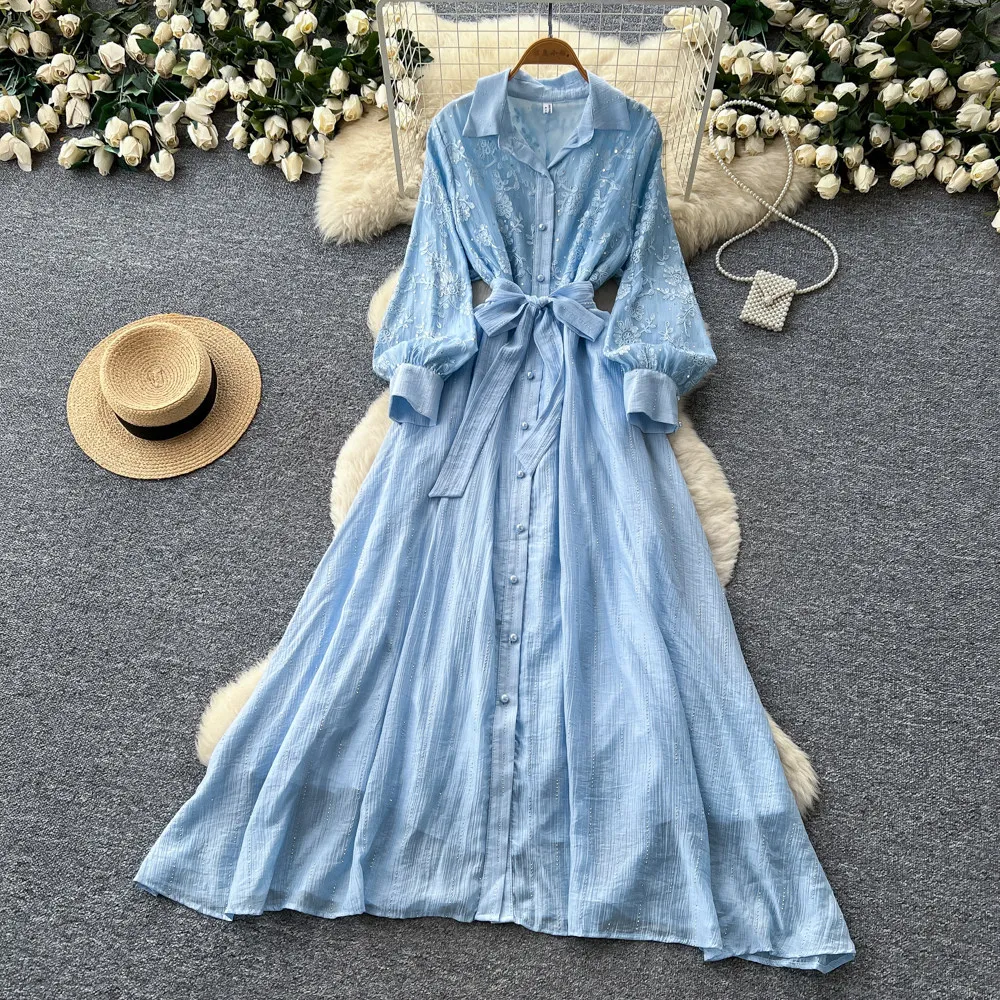 

Women Long Dress Dresses A Line Vestidos Y2k Streetwear Lantern Sleeve Turn Down Collar Sequins Elegant Party Night Work 2026