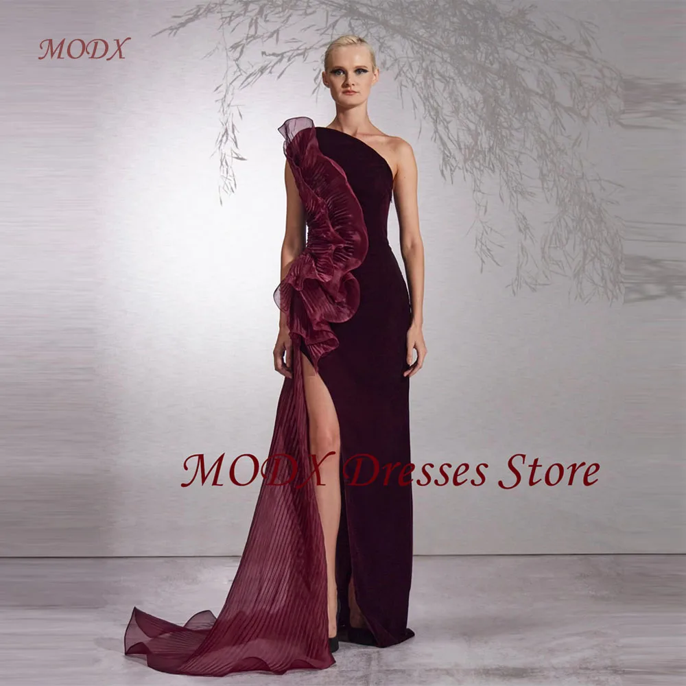 

MODX Modern Special Formal evening Dresses Dubai Arabic Women Side Split Velvet Dark Red Special Occasion Gowns Customized