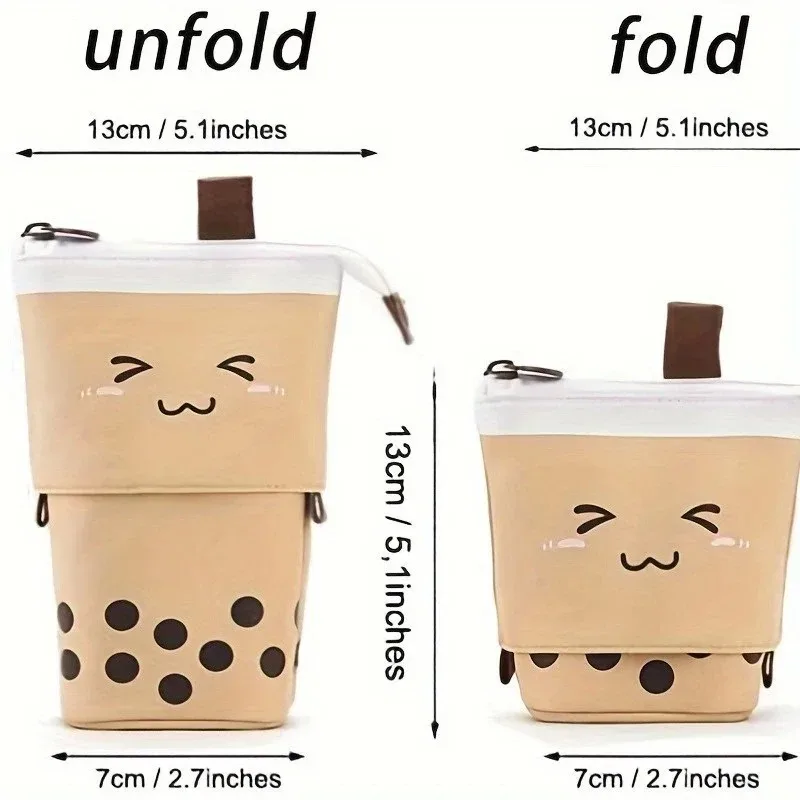 Bubble Tea Print Cute and Simple Pull-Tab Expandable Canvas Pen Case - Multi-purpose Stationery Organizer