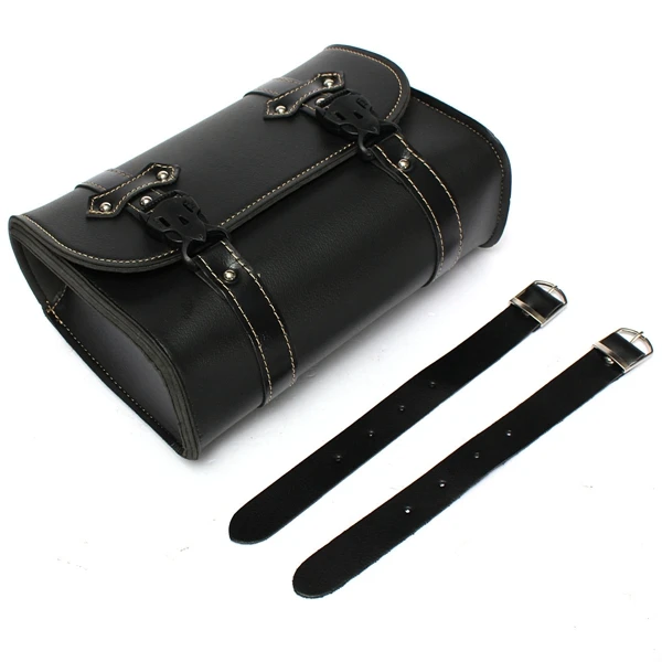 1X Black Universal Motorcycle Saddle Bags Leather Side Storage Luggage Bag Fork Tool Pouch Retro Saddlebags