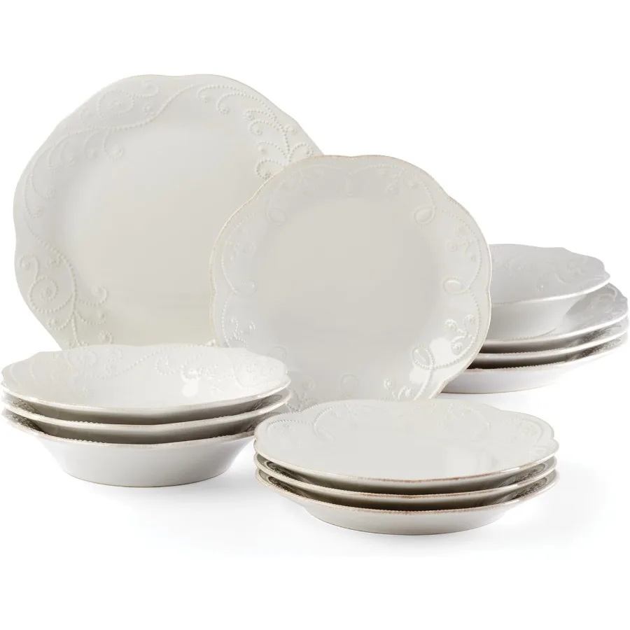 

French Perle 12-Piece Plate & Bowl Dinnerware Set White