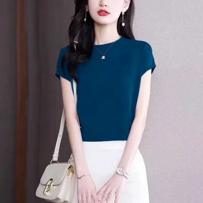 

Женский свитер с короткими рукавами из ледяного шелка, модная высококачественная универсальная свободная футболка