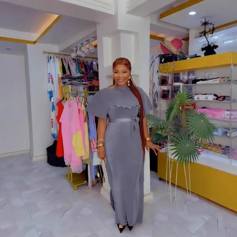 ตะวันออกกลาง Miyake จีบ PLUS ขนาดผู้หญิงแฟชั่นชุดแอฟริกันพรหมใหม่ Elegant แขนสั้นหลวม PLUS ขนาดชุดยาว