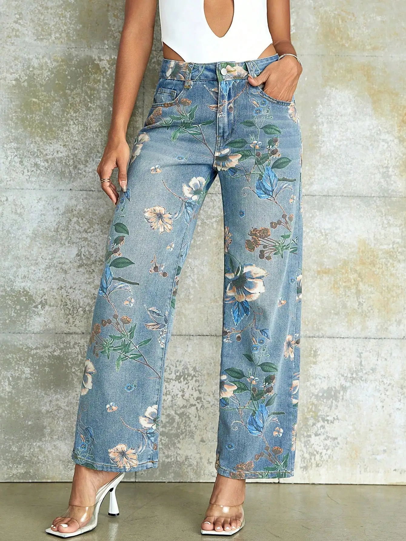 90s Vintage Floral Print High Waist Slant Pocket Wide Leg Jean Casual Street Hottie Outfit