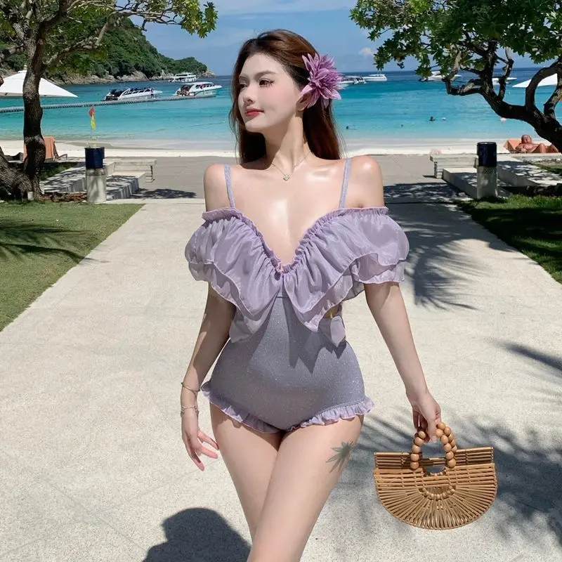

Sexy Light Purple Sweet Ruffle One-Shoulder Monokini Women's Swimsuit with Hollow Out Lace Up Belt Slim Fit Hot Spring Suit