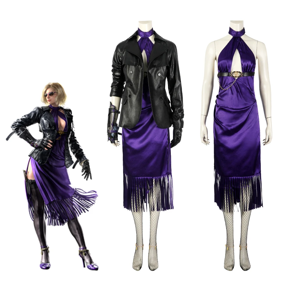 

Halloween Carnival Fighting Game Nina Williams Cosplay Costume Adult Women Lady Killer Faux Leather Jacket Purple Dress