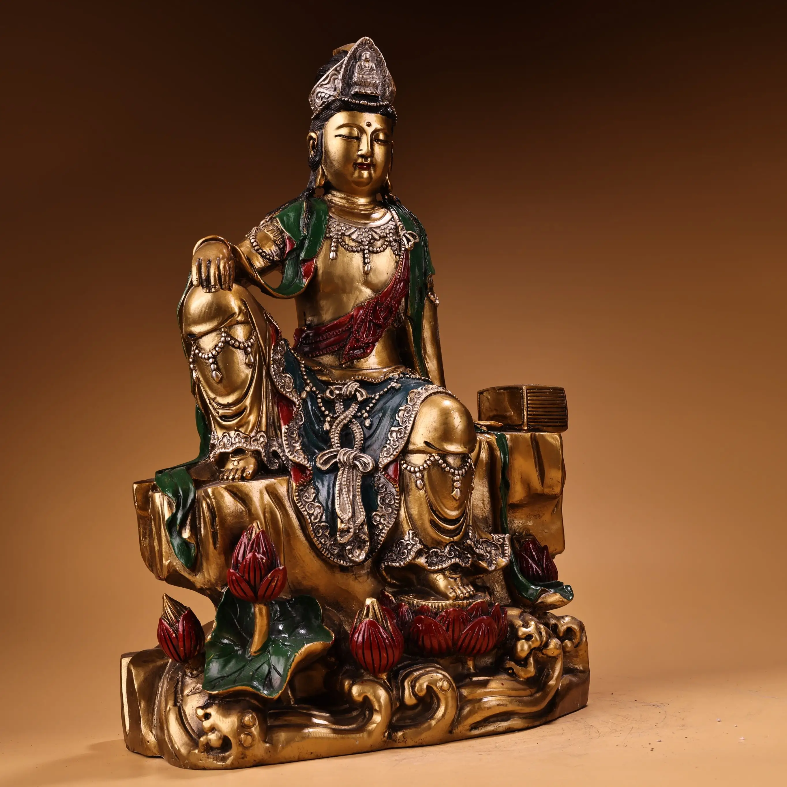 Antique brass gilt painting, free Guanyin Bodhisattva Tara Buddha statue ornament, home hall offering supplies 36cm