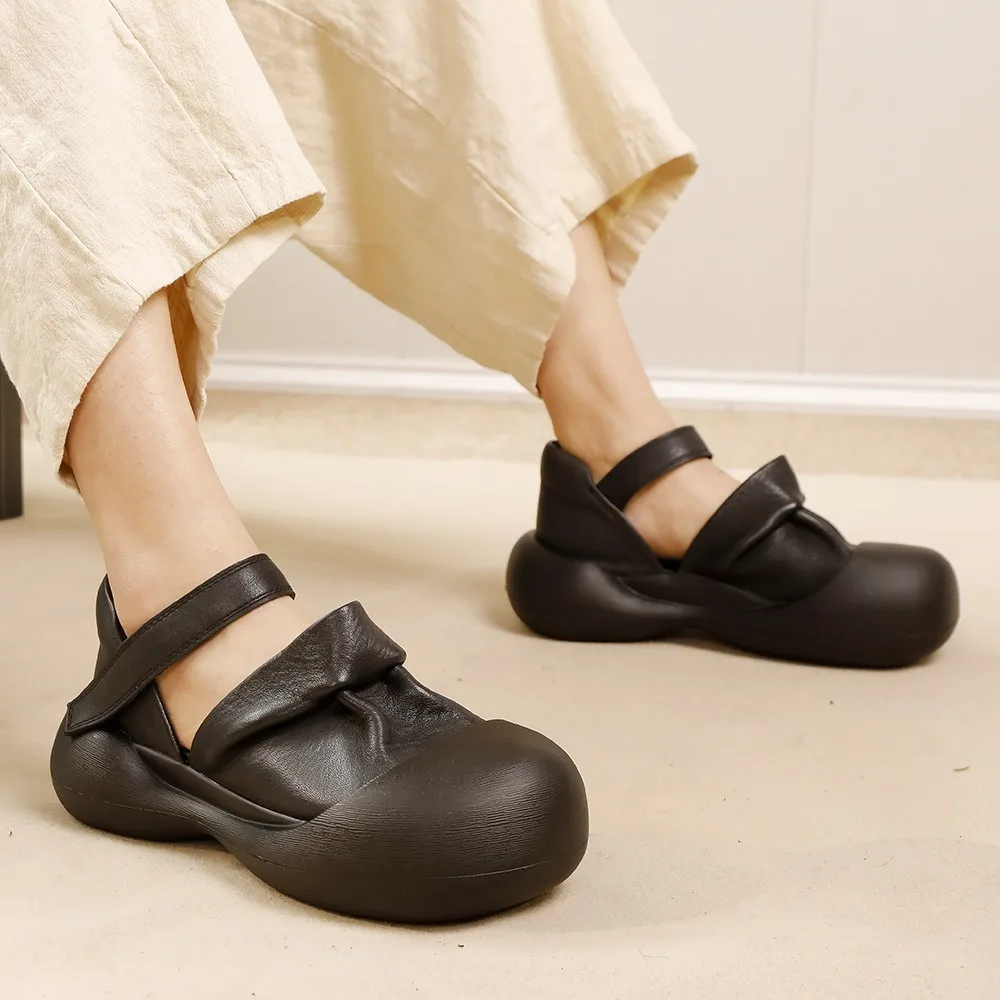 Birkuir Retro Thick Heel Women Mary Jane Shoes Hook Loop Closed Toe Sandals Flats Genuine Leather Luxury Flat Platform Shoes