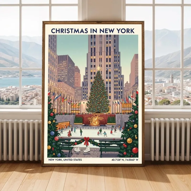 Vintage Christmas in New York Travel Canvas Wall Art Retro City Skating Plaza Scene Festive Wall Print Unframed Canvas Poster