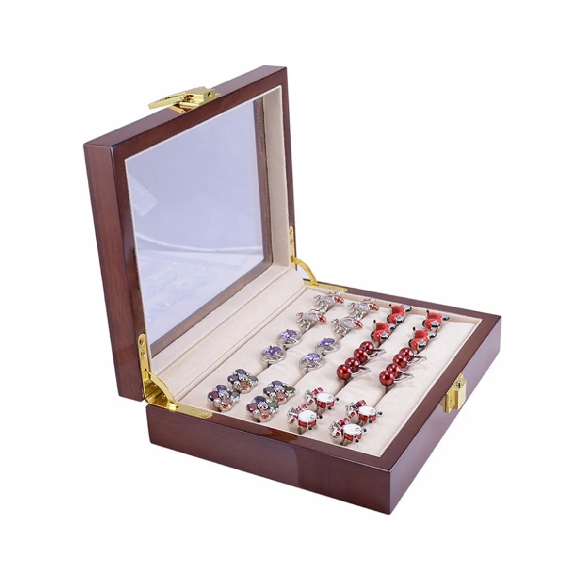 Glass Cufflinks Box for Men Painted Wooden Collection Display Box Storage 12Pairs Capacity Rings Jewelry Box