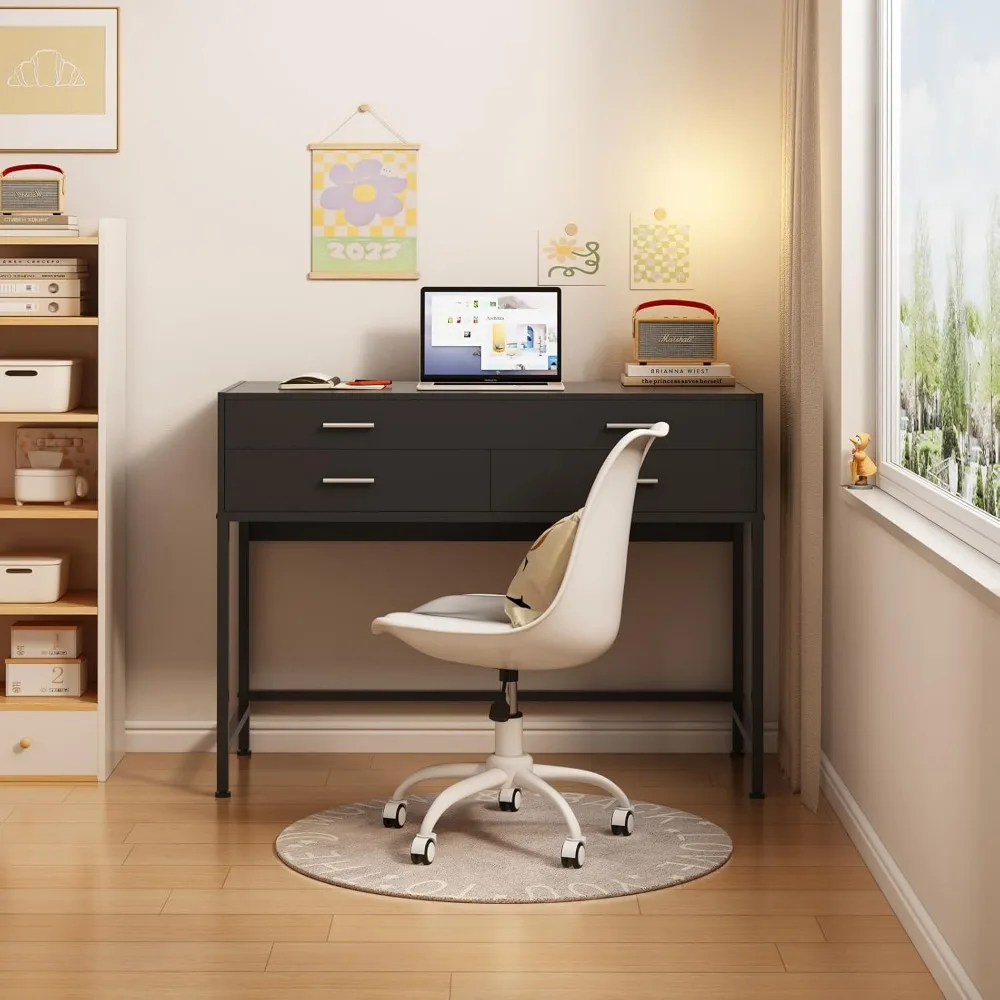 31.5 Inch Black Desks with 3 Drawers, Modern Makeup Vanity Desks with Lighted Mirror, Small Computer Desk Home Office Desk