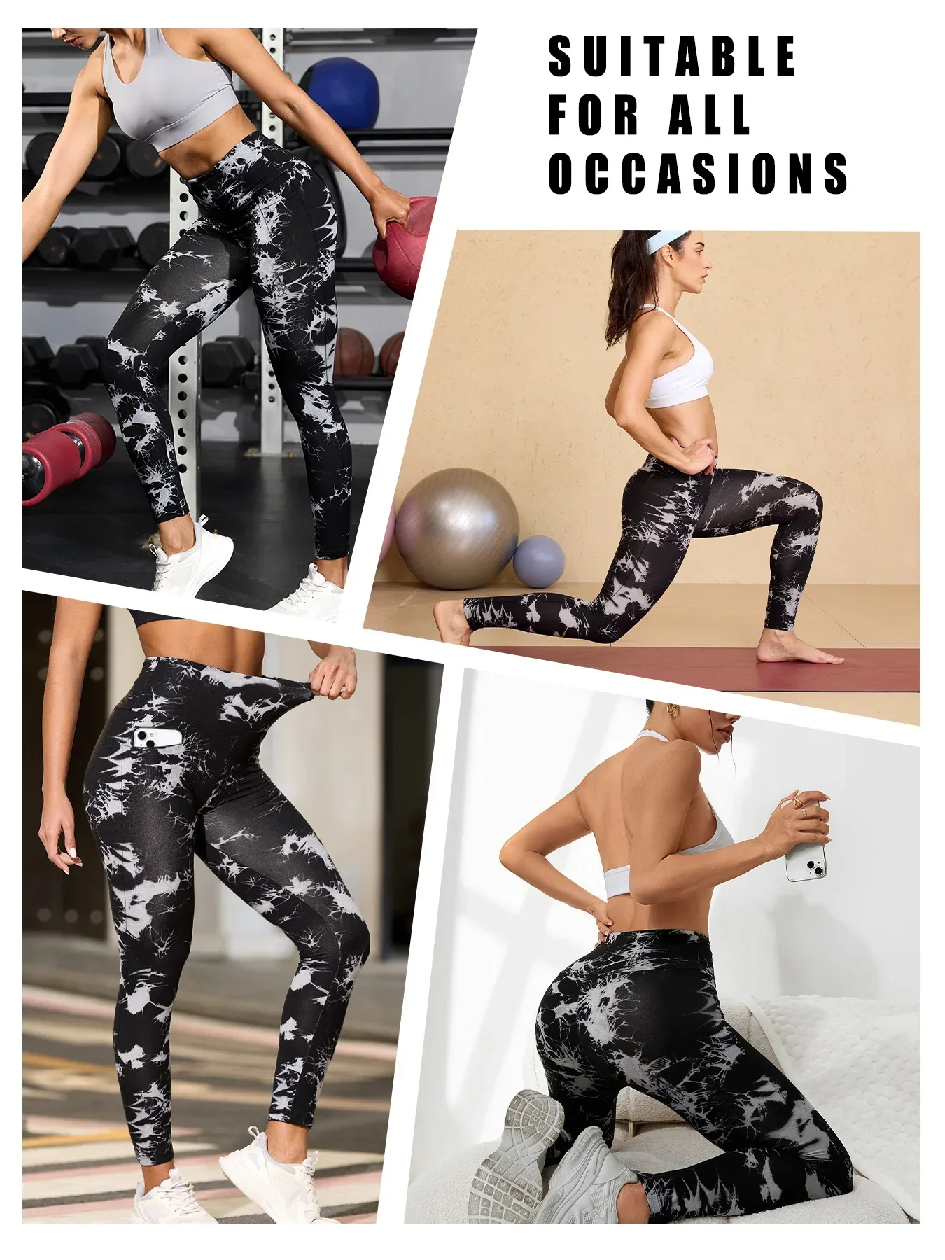 Confezione da 3 leggings super morbidi a vita alta con stampa tie-dye con tasche per il controllo della pancia da donna, non trasparenti, allenamento, corsa, yoga