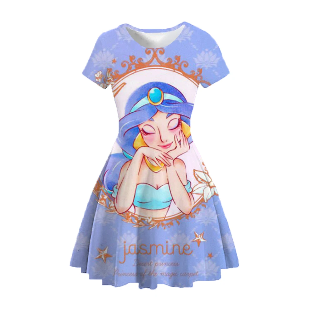 

Cartoon Disney Jasmine Princess Dress Clothing Print Girls 2026 New Summer Cute Clothes Fashion Short Sleeve Princess Dress
