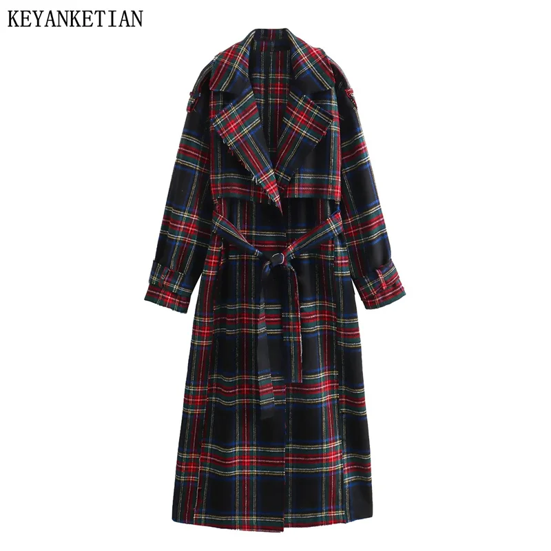 

KEYANKETIAN Winter New Women's Vintage Contrast Color Plaid Wool Trench Coat Padded With Belt Long Trench Casaco Feminino Top