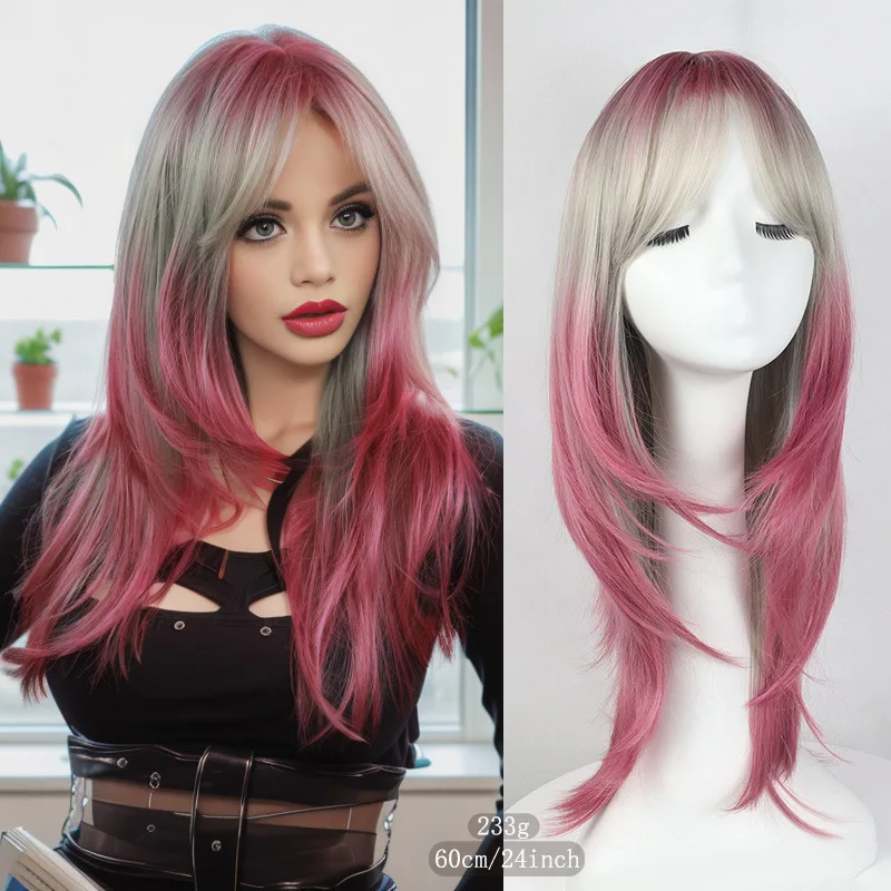 

Long hair full top straight wig female medium bangs natural 60cm