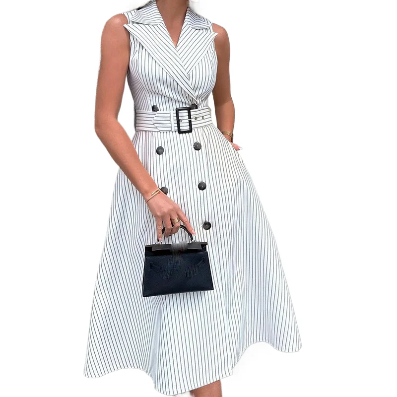 

Temperament Stripe Sleeveless Suit Collar Dresses Women Belt Double Breasted A-line Dress Fashion Commuting Vestidos Female New
