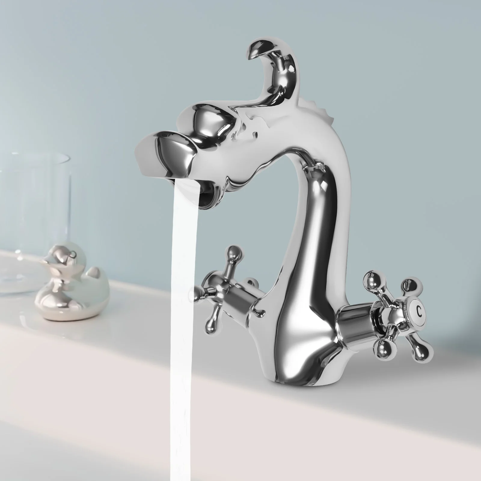 

Dragon Shape Silver Two-Handle One Hole Bathroom Sink Mixer Tap, NPT3/8'' Deck Mount Lavatory Hot and Cold Water Faucet 32-176℉