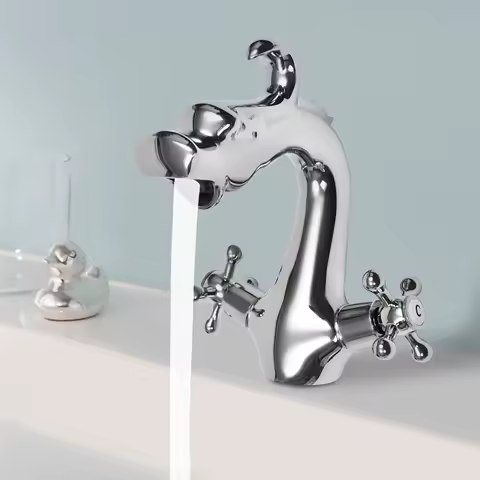 Dragon Shape Silver Two-Handle One Hole Bathroom Sink Mixer Tap, NPT3/8'' Deck Mount Lavatory Hot and Cold Water Faucet 32-176℉