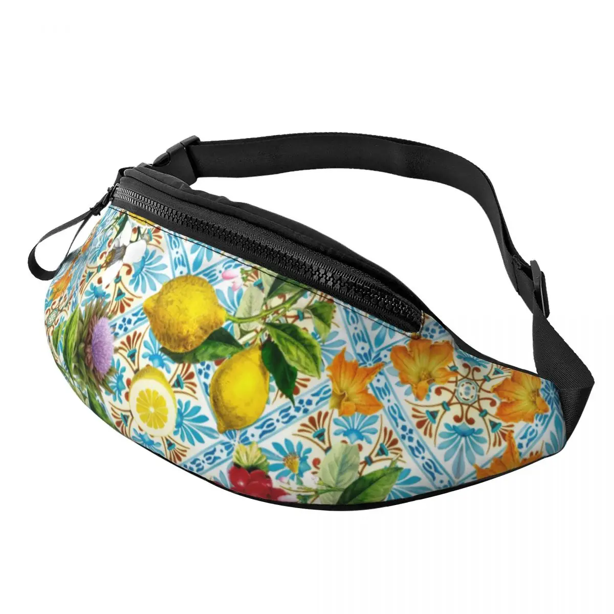 Custom Mediterranean Summer Sicilian Lemons Tiles Fanny Bag Fashion Crossbody Waist Pack Men Women Traveling Phone Money Pouch