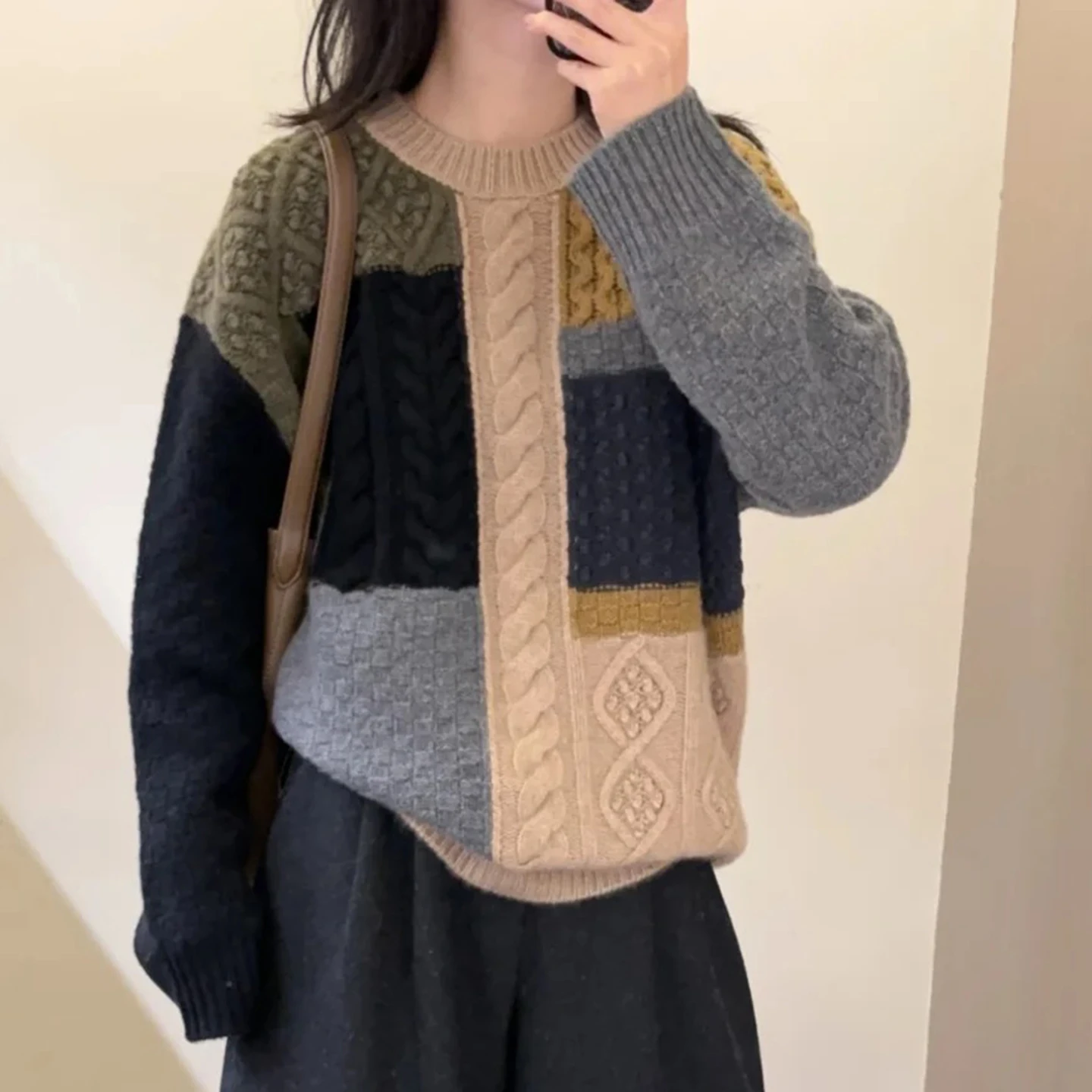 

Pullover New100% Merino Wool Fashionable Women O-Neck Blocking Color Knit Autumn Winter Top Skin Friendly Comfortable Clothing