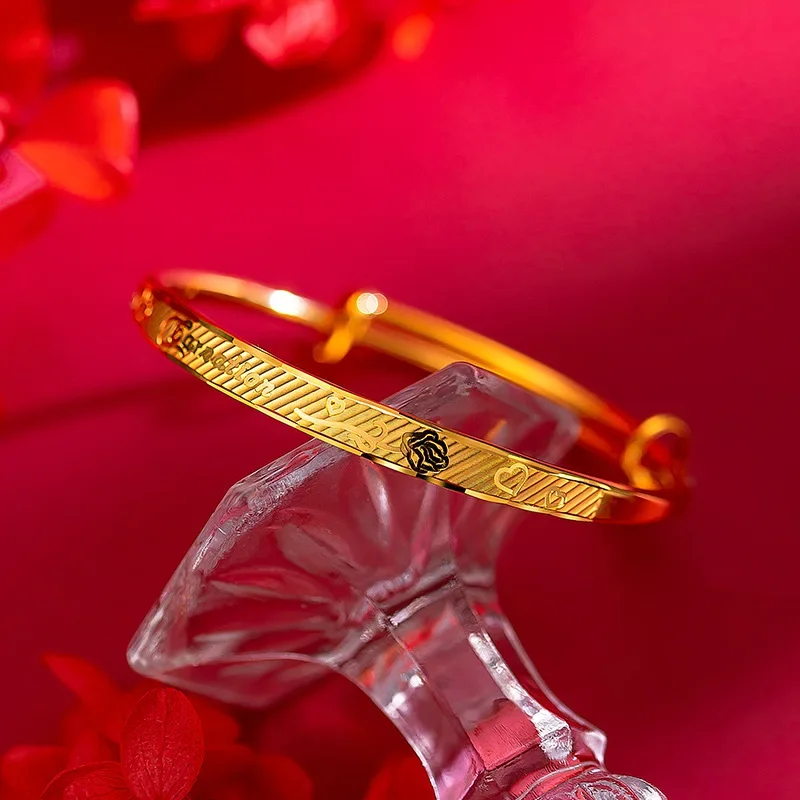 Women's 9999 24K Real Gold Carnation Flower Carving Adjustable Bracelet Mom Gift Bangle Fine Jewelry