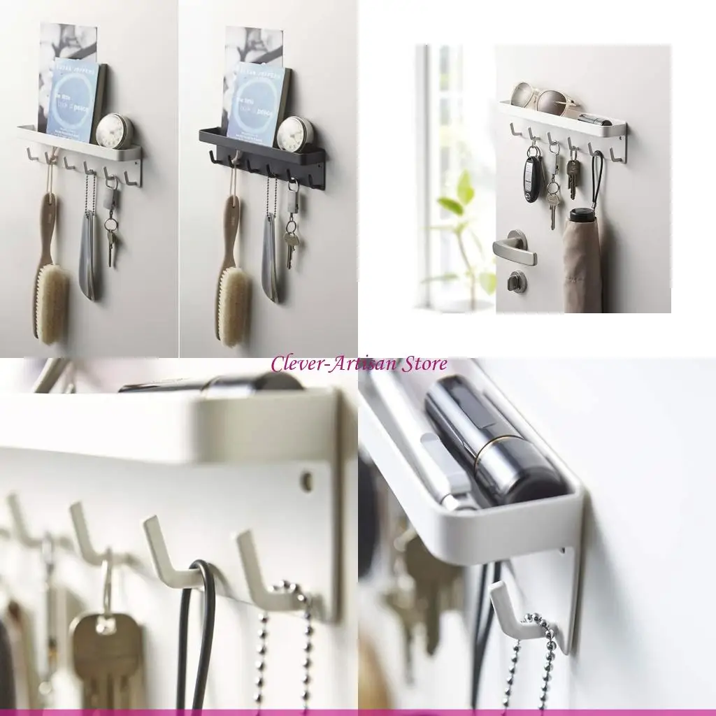 

E06B Wall-Mounted for Key Mail Holder Rack Shelf with 6 Hooks Tray