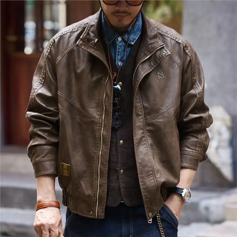 

Retro American Sle Fce Lined Biker Jaet Men's PU Leather Coat Autumn Season Casual Wear Turn-down Collar Distred Le...