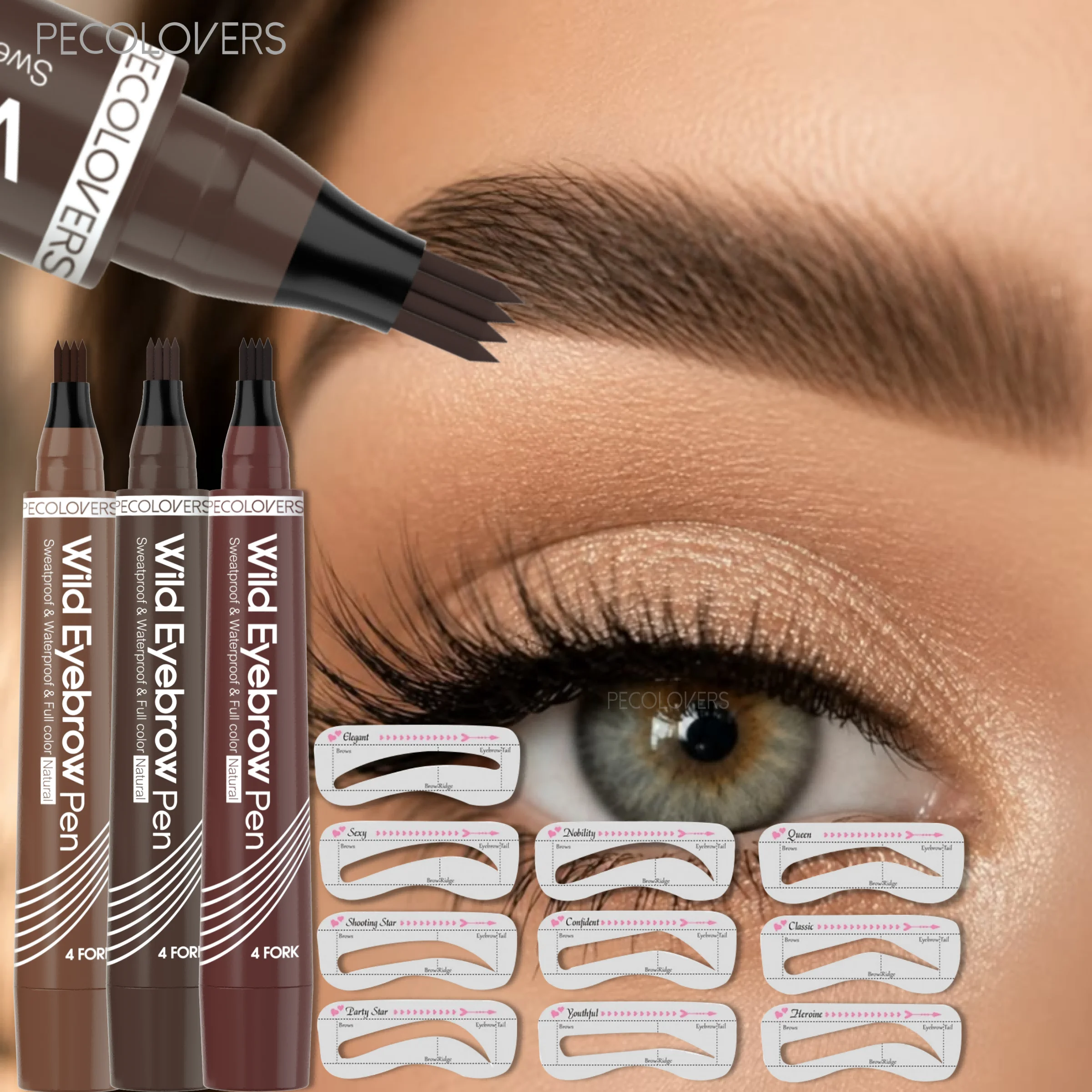 All-In-One Brow Makeup Set, 3 Colors 4-Tip Microblading Eyebrow Pen + 10 Styles Reusable Eyebrow Shaping Stencils, for Beginner