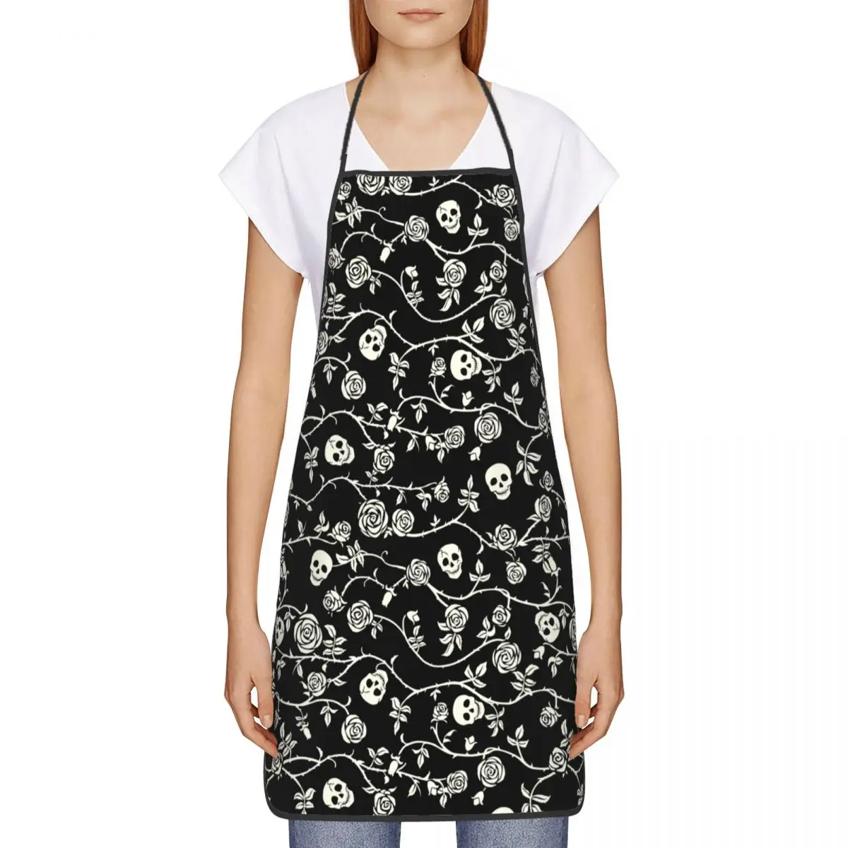 Custom Skull Floral Rose Thorn Gothic Funny Apron Women Men Adult Unisex Chef Bib Tablier Cuisine Cooking Baking Painting