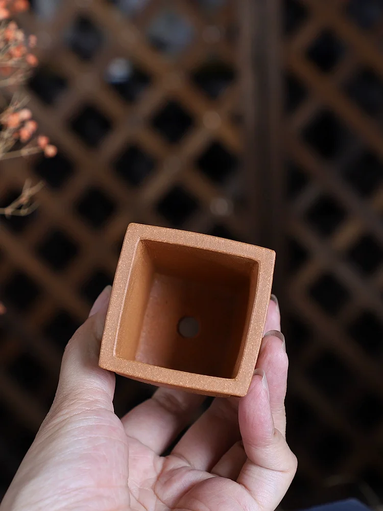 Handmade Carved Square Pottery Bonsai Pot, Small Vase, Traditional Chinese Pattern, Dormitory Room,  Garden Decorat