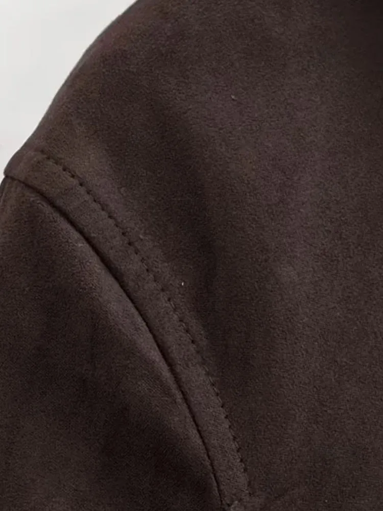 سترة نسائية موضة خريف 2025 عتيقة من جلد الغزال بأكمام طويلة وجيوب معاطف نسائية ضيقة بسحاب عالي الشارع #3