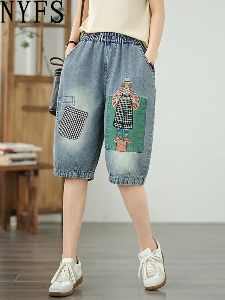 

NYFS 2025 Vintage Women's Loose plus Size Jeans embroidered Elastic Waist Knee Length Denim Shorts Trousers Summer Fashion