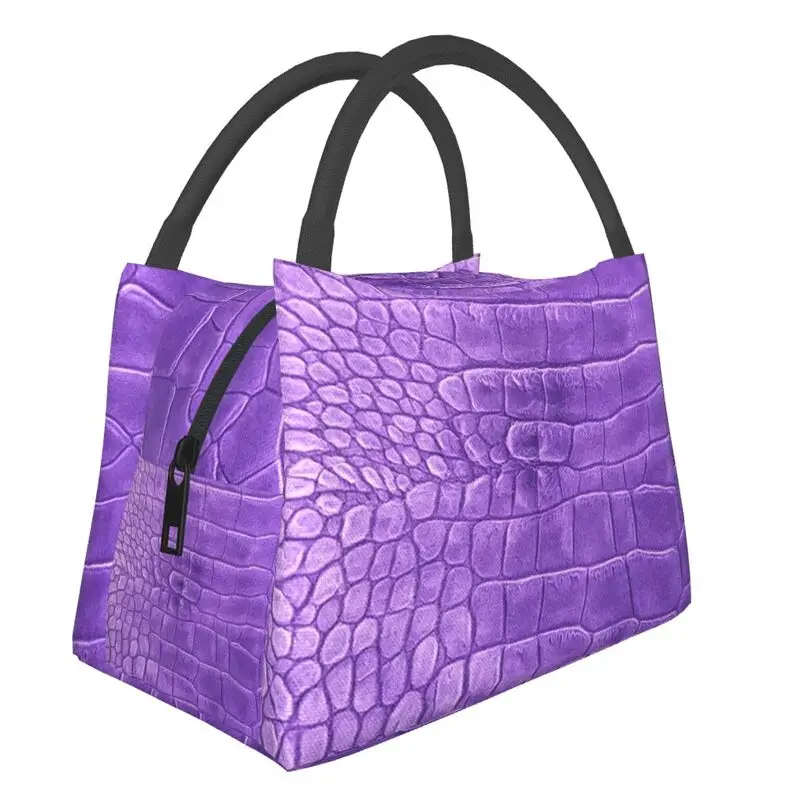 Crocodile Leather Purple 3D Printing Lunch Bags for Outdoor Picnic Vintage Textures Pattern Resuable Thermal Cooler Lunch Box