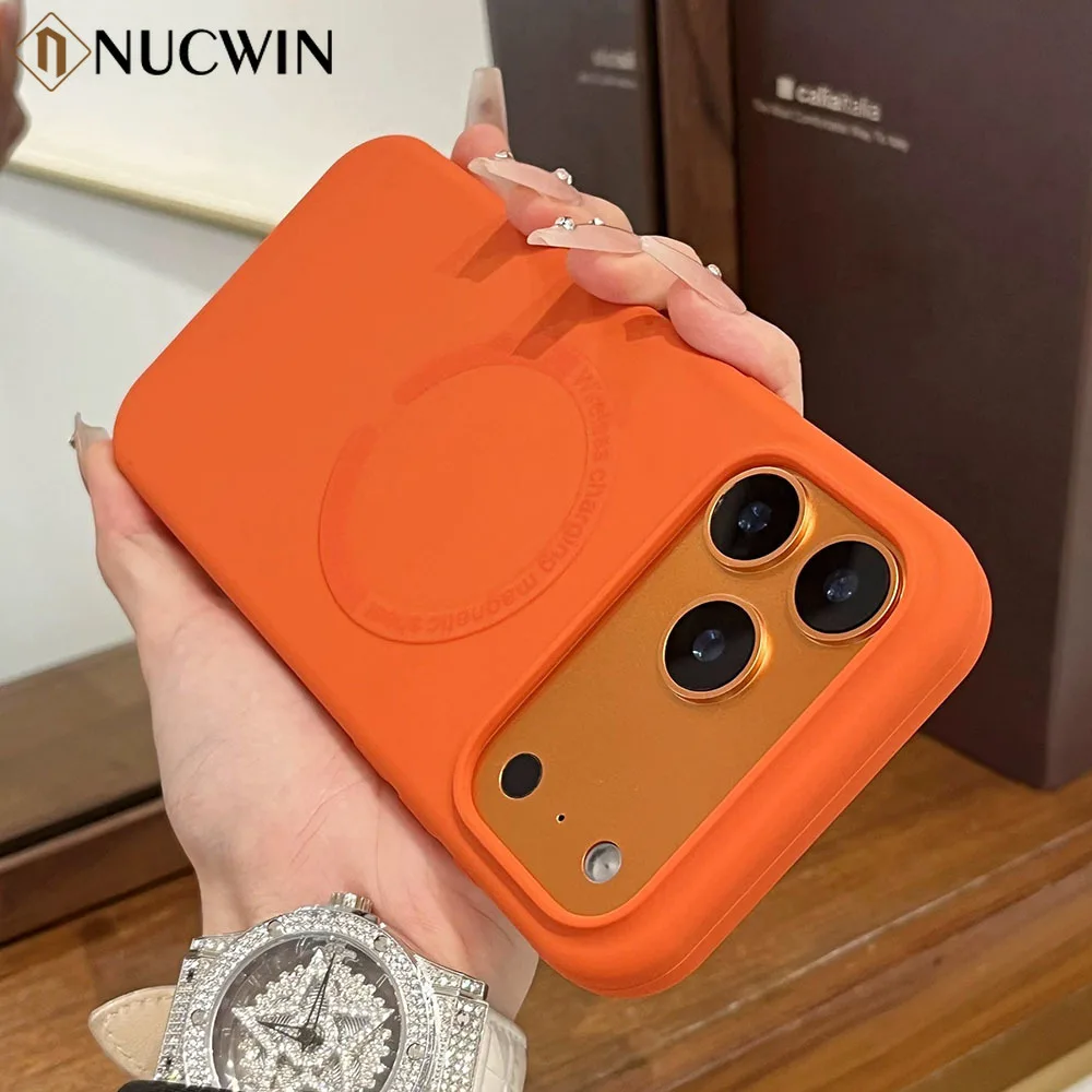 Orange Liquid Silicone Magnetic Case For iPhone 17 ProMax 16 15 14 13 12 11 Pro Max Plus Air Unisex For Magsafe Shockproof Cover
