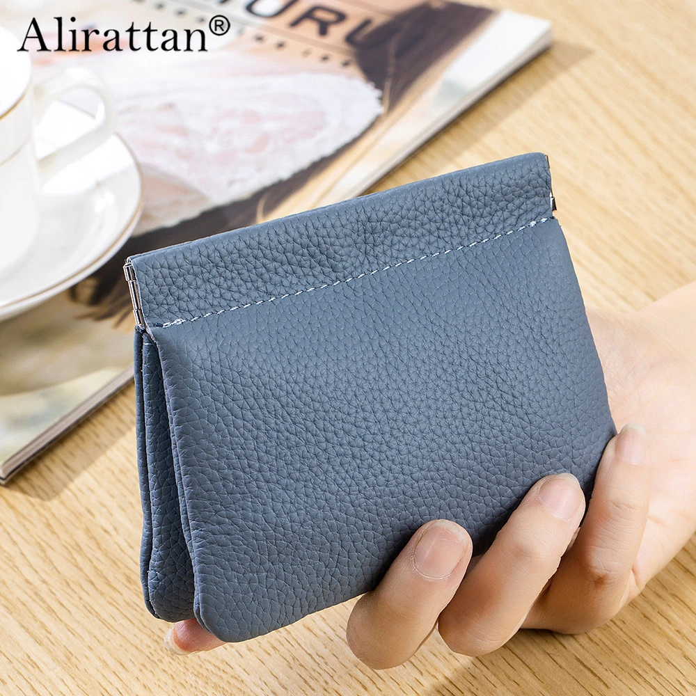 Alirattan 2025 New Mini Leather Lychee Patterned Coin Purse Automatic Closing Storage Bag Portable Coin Wallet