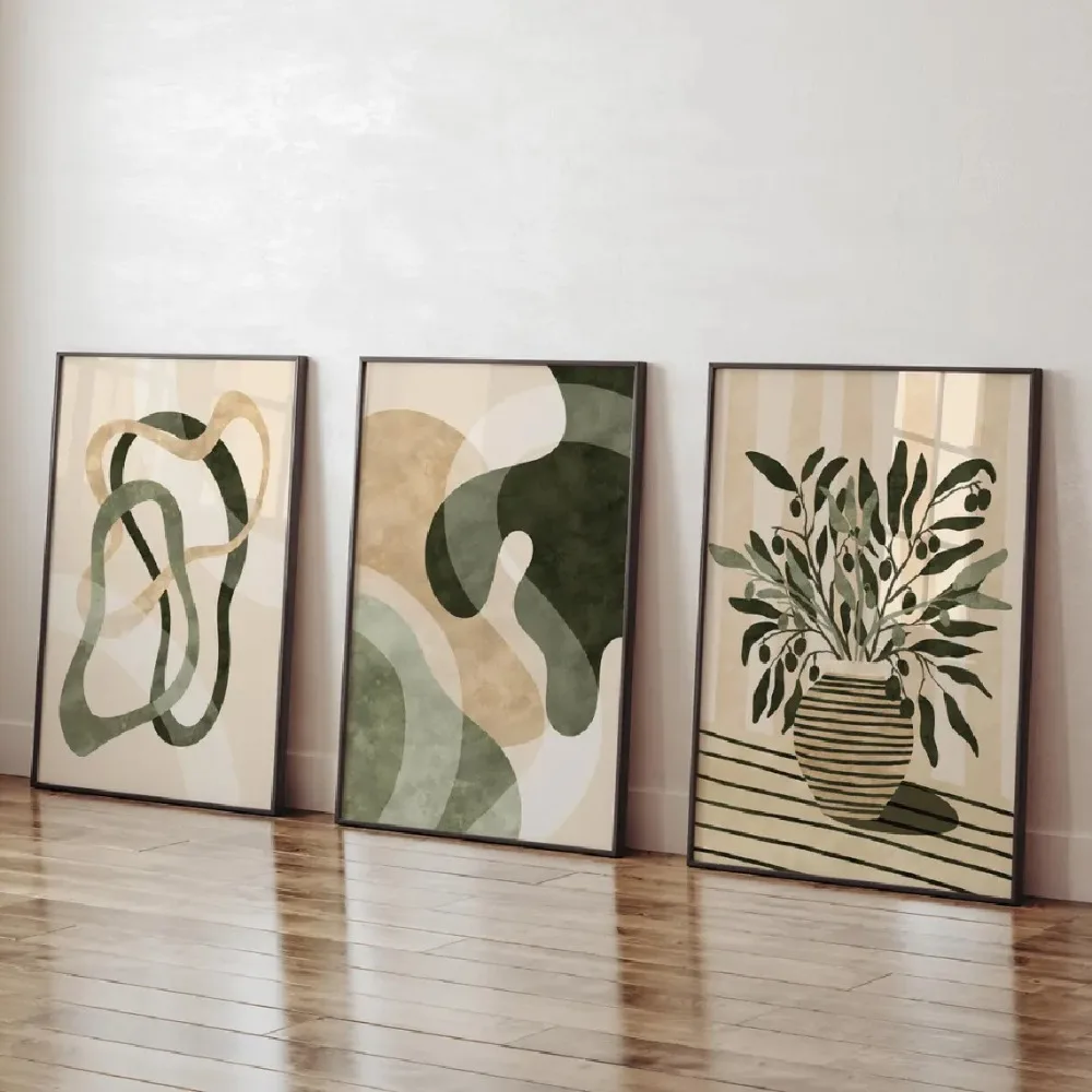 3 Stück rahmenlos, Retro-Poster, moderner grüner und beige Pflanzendruck, abstraktes minimalistisches Olivenblatt-Topfpflanzen-Leinwandgemälde