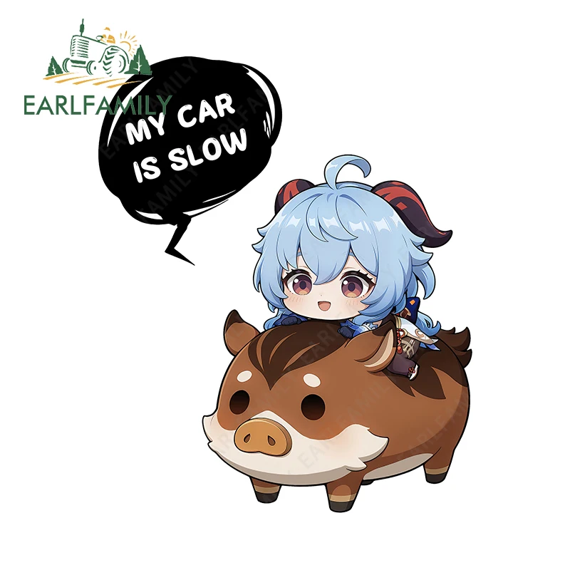 EARLFAMILY Genshin Impact Kawaii Warning Car Sticker Chibi Ganyu Riding A Pig Decal My Car Is Slow Creative Windshield Decor