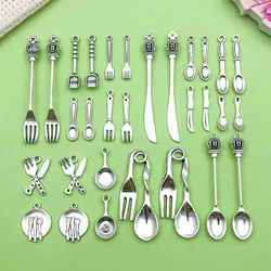 30pcs Antique Silvery Mini Tableware Charms Alloy Knives Forks Shovel Spoons Pans Pendants for DIY Jewelry Making Accessories