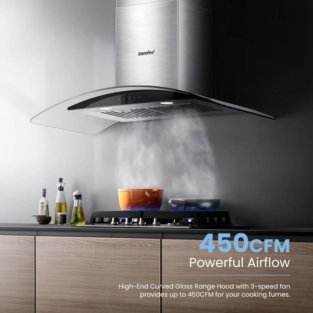 Curved Glass Range Hood 36 Inch 450 CFM 3 Speed Gesture Sensing &Touch Control Panel Stainless Steel Kitchen