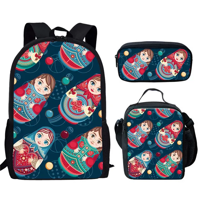 Boneka Rusia trendi keren 3 buah/set tas ransel gambar cetak 3D tas buku siswa sekolah tas harian Remaja dengan tas kotak pensil makan siang