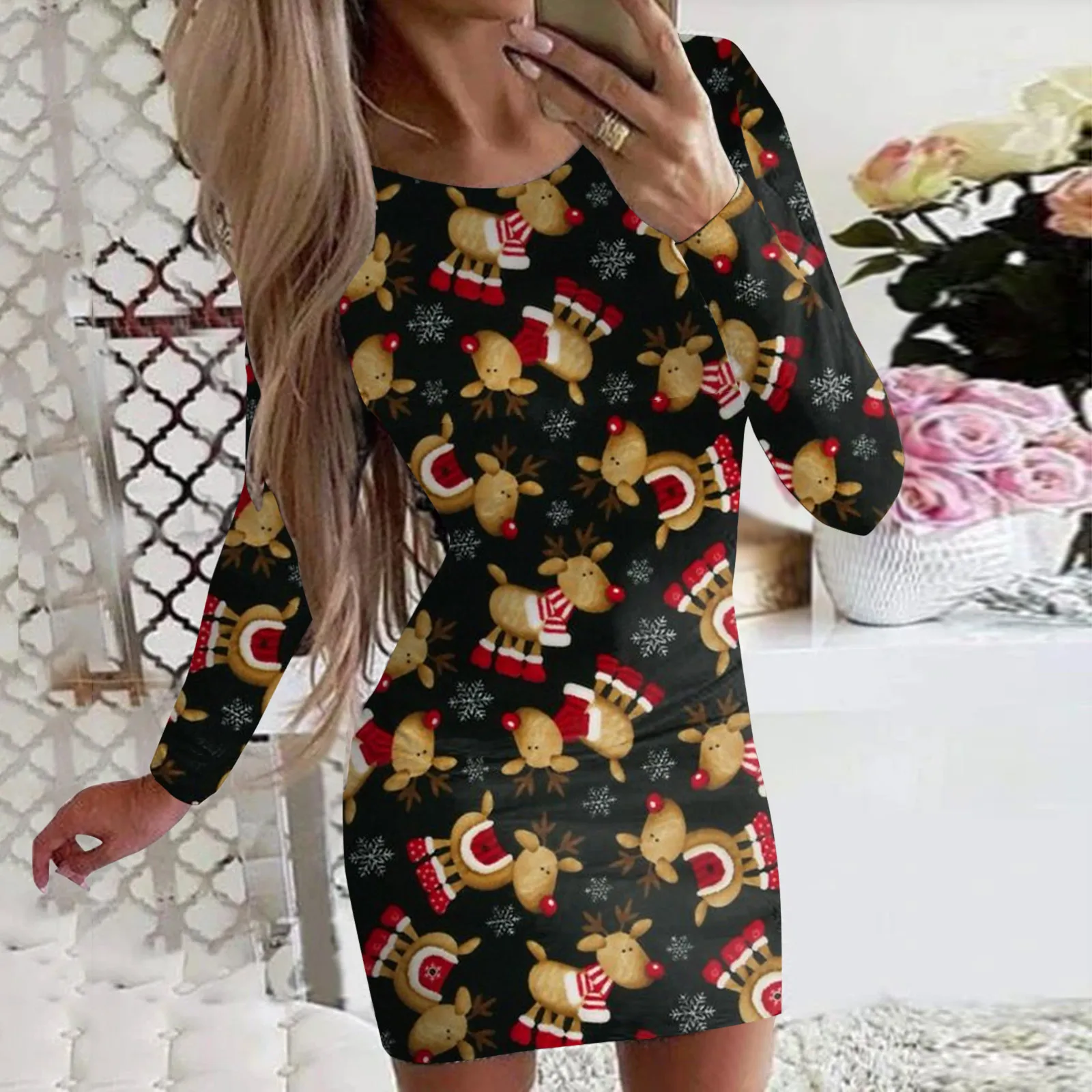 Women Christmas Print Dresses For Winter 2026 New Year Cute X-Mas Tree Print Long Sleeve Dress Casual O-Neck Bodycon Mini Dress