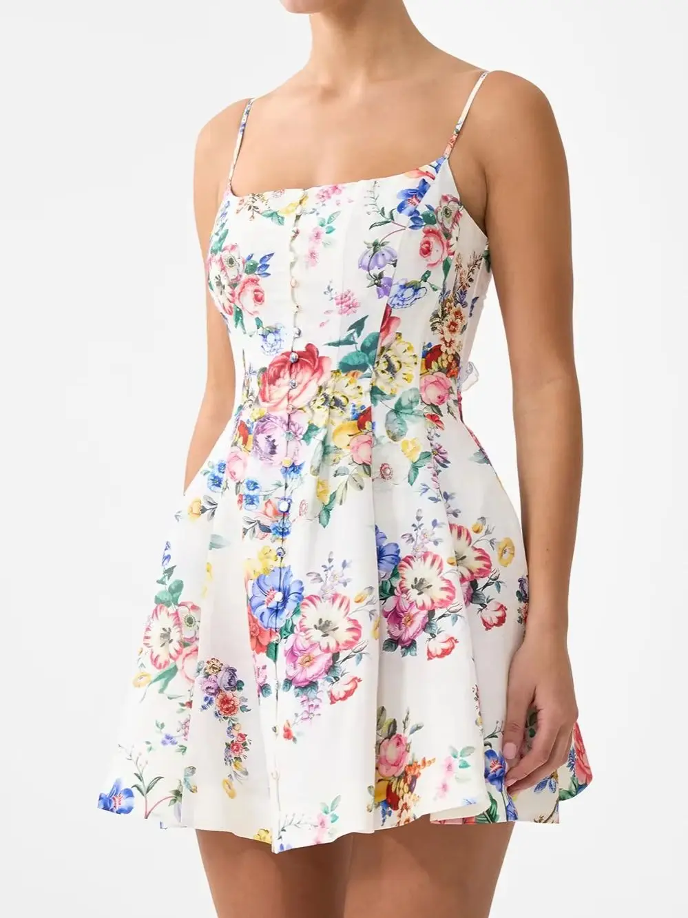 2026 Damen Blumenprint Trägerkleid mit Kristallperlen, eckigem Ausschnitt, ärmellos, hoher Taille, einreihig, lässiges, schmales Minikleid