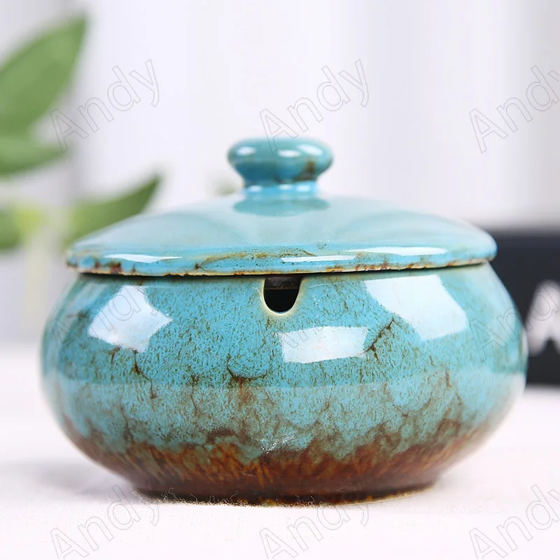 European Ceramic Ashtray with Lid Creative Kiln Change Glaze Decorative Desktop Ashtrays Living Room Retro Ash Tray Ornaments