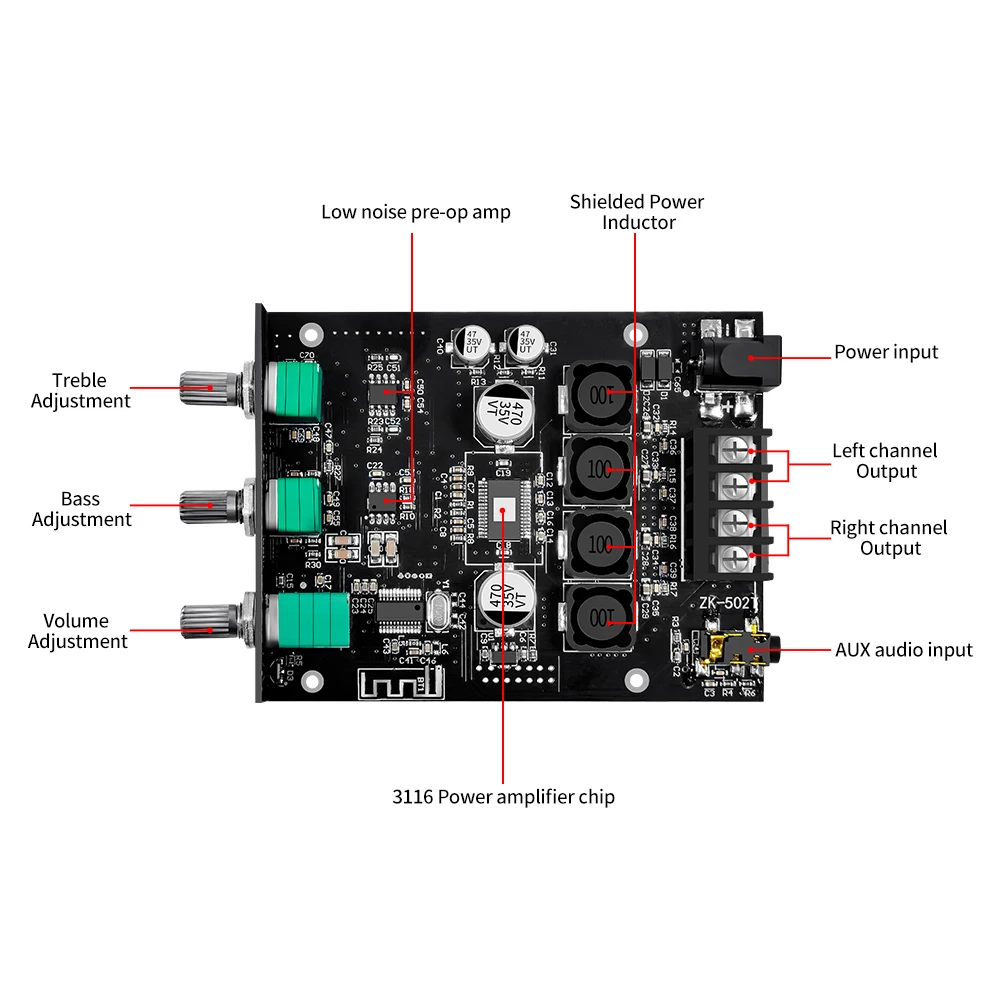 ZK-502T 50W * 2 module de carte amplificateur audio réglable haute et basse fréquence caisson de basses Bluetooth stéréo double canal