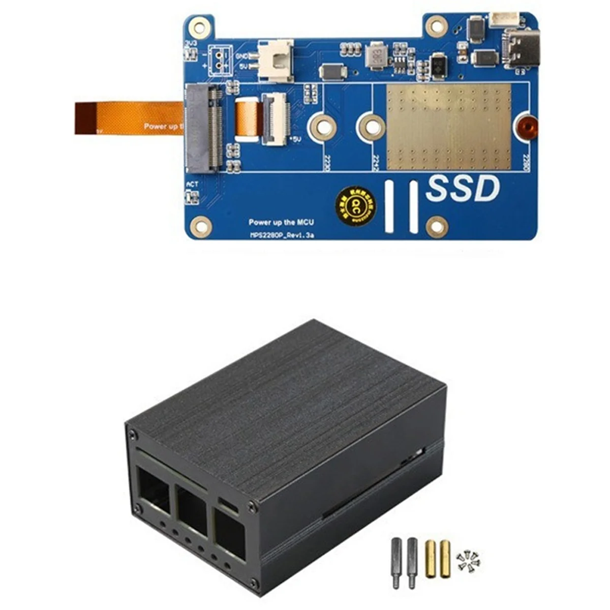 MPS2280P PCIE M.2 NVME SSD HAT+Case for Raspberry Pi 5 Support 2280 2230 2242 Gen 3 Expansion Board