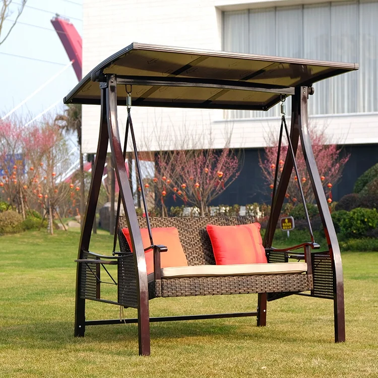 Customized Deluxe 3-Seater PE Rattan Outdoor Garden Hanging Chair Modern Metal Swing Seat for Courtyards Hotels Parks Schools