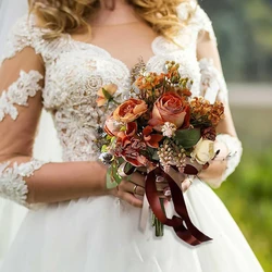 Yannew Vintage Fall Wedding Bouquet for Bride Bridesmaid Autumn Terracotta Artificial Rose Flower Bouquet for Wedding Decoration